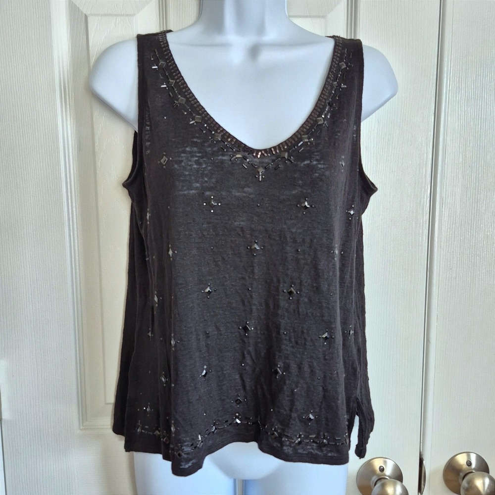 White House Black Market sequin black linen‎ semi sheer top women's XS